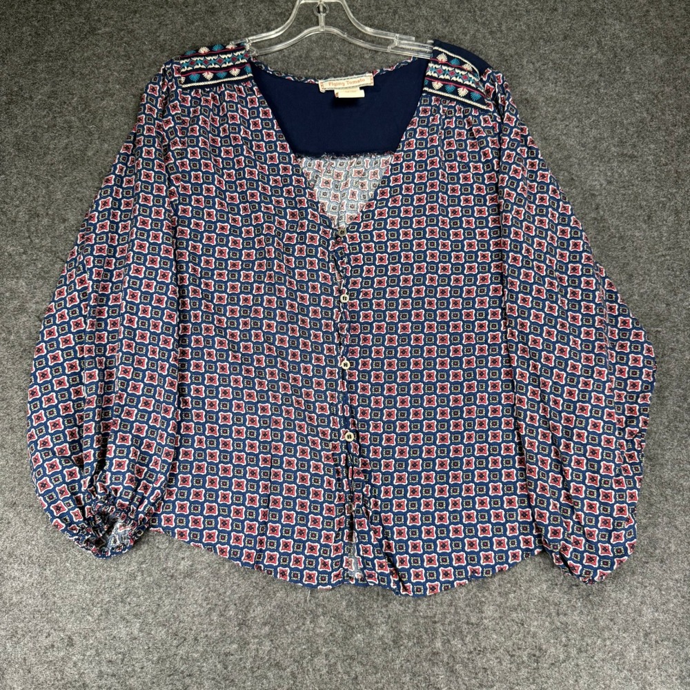 Flying Tomato‎ Women's M Long Sleeve Button Down Blouse Bohemian Geometric